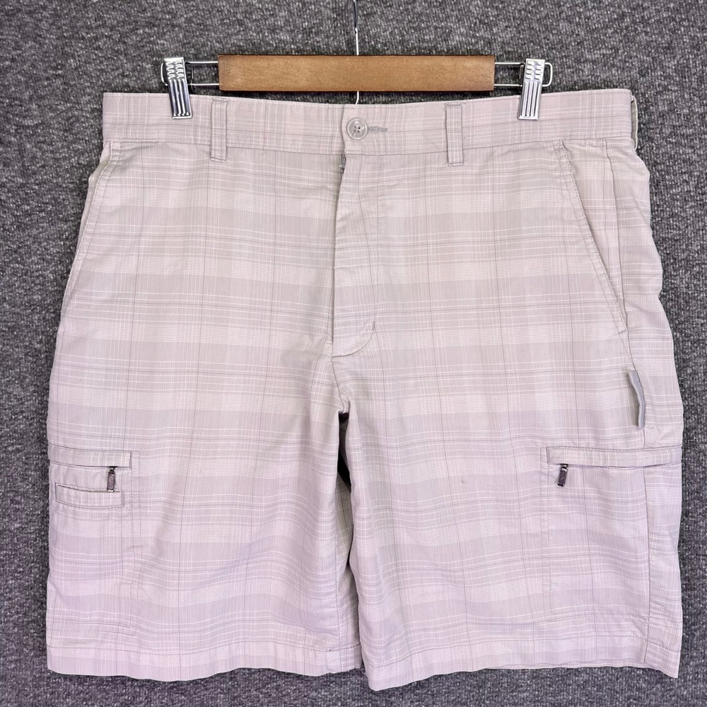 Greg Norman Cargo Shorts Mens 34 Gray Plaid Golf Casual Stretch Zipper Pockets
